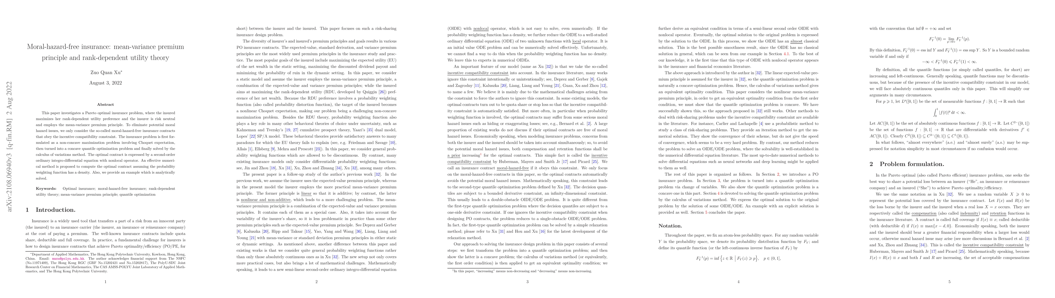 Thumbnail for Moral-hazard-free insurance: mean-variance premium principle and
  rank-dependent utility theory