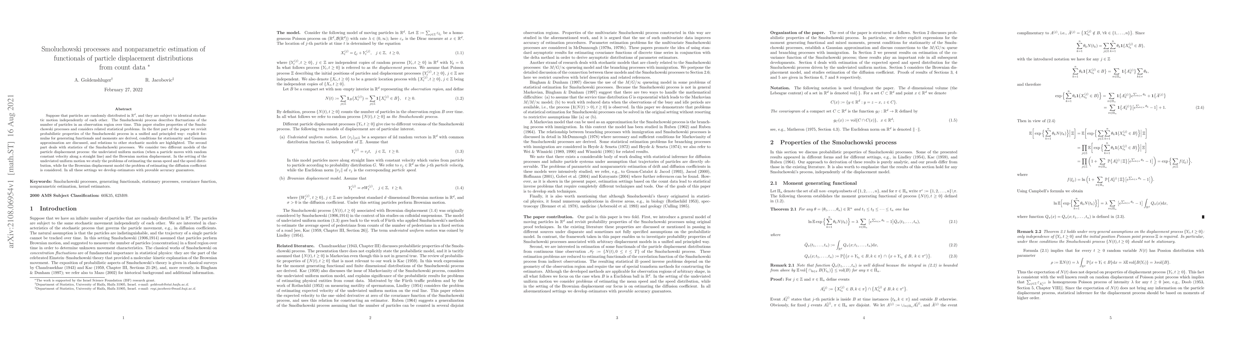 Thumbnail for Smoluchowski processes and nonparametric estimation of functionals of
  particle displacement distributions from count data
