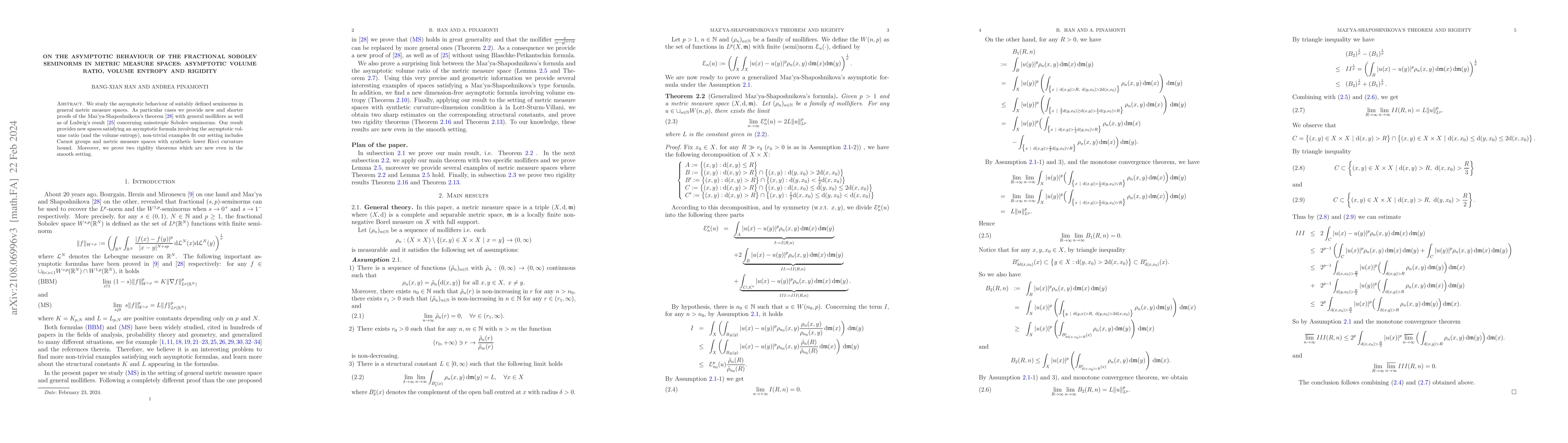Thumbnail for On the asymptotic behaviour of the fractional Sobolev seminorms in
  metric measure spaces: asymptotic volume ratio, volume entropy and rigidity