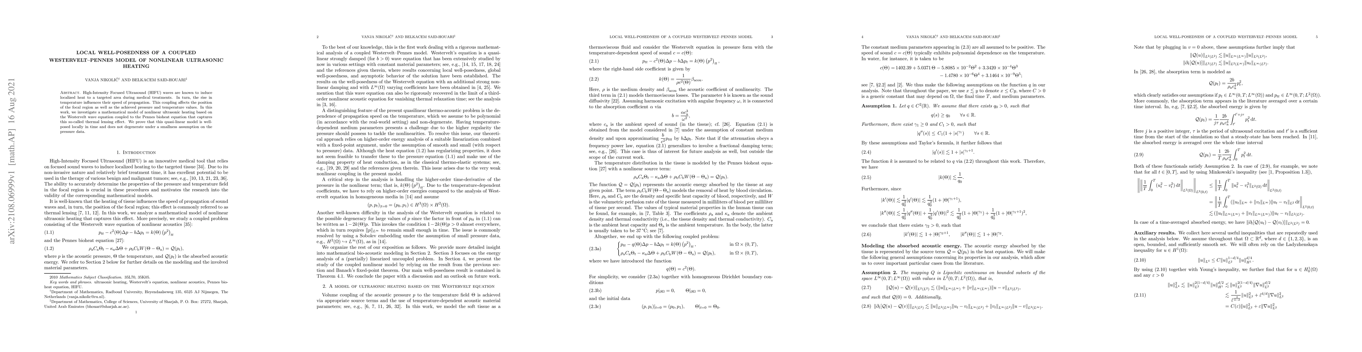 Thumbnail for Local well-posedness of a coupled Westervelt-Pennes model of nonlinear
  ultrasonic heating