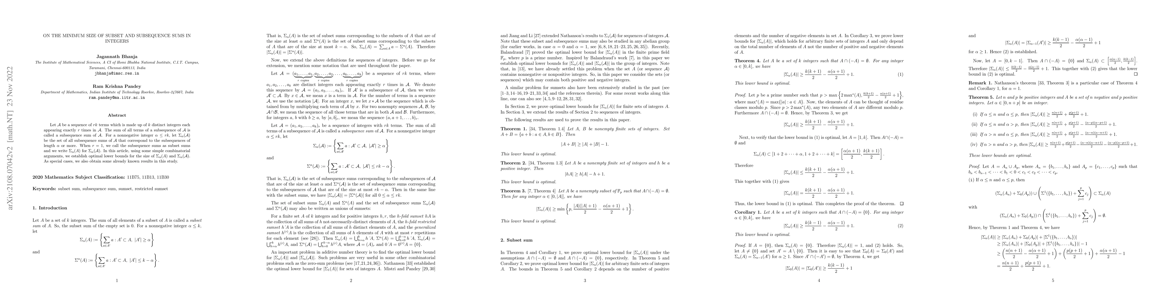 Thumbnail for On the minimum size of subset and subsequence sums in integers