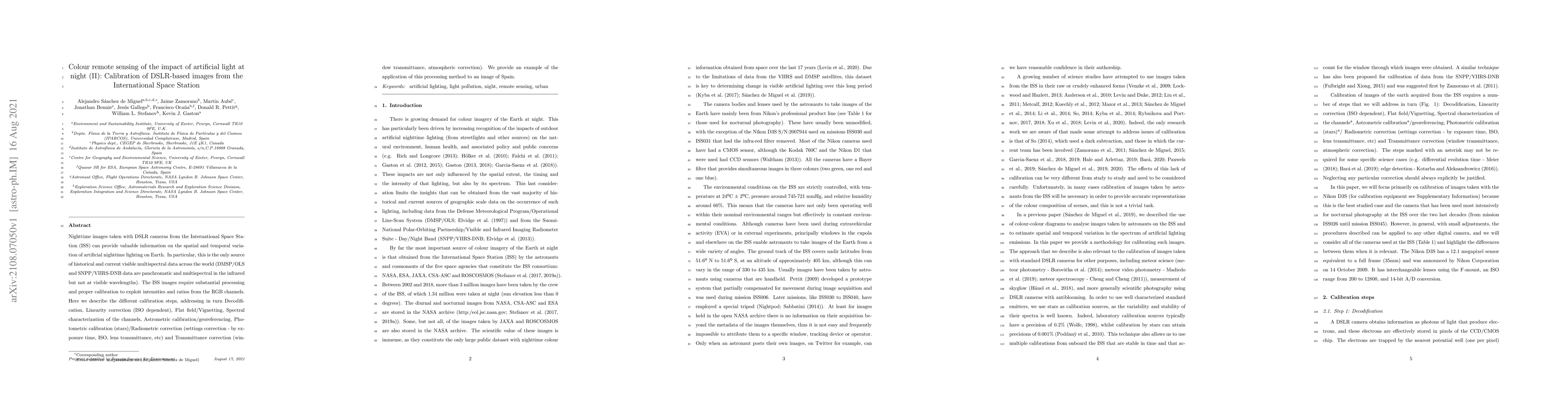 Thumbnail for Colour remote sensing of the impact of artificial light at night (II):
  Calibration of DSLR-based images from the International Space Station