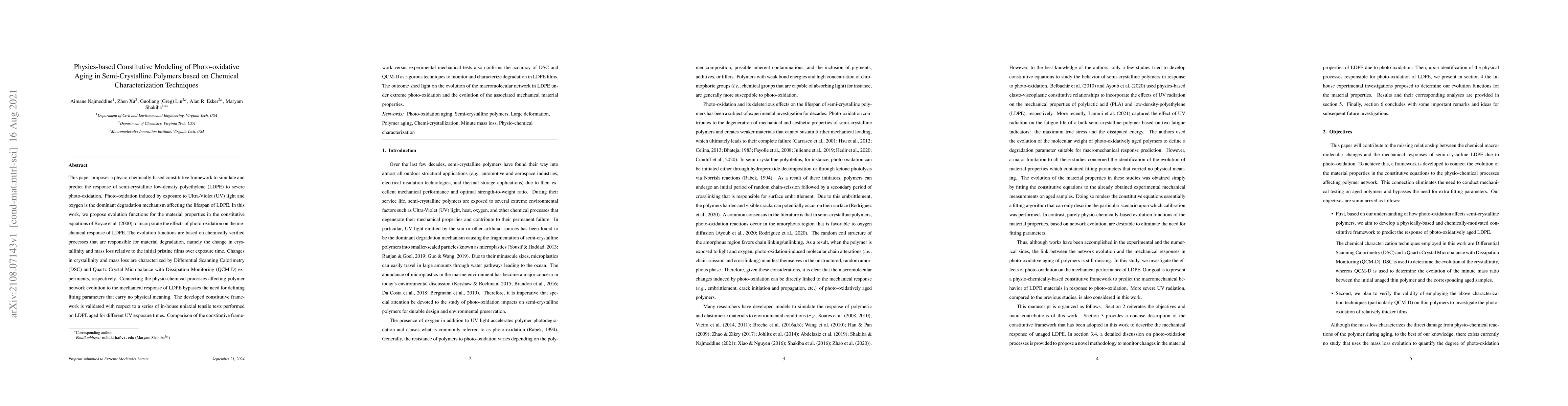 Thumbnail for Physics-based Constitutive Modeling of Photo-oxidative Aging in
  Semi-Crystalline Polymers based on Chemical Characterization Techniques