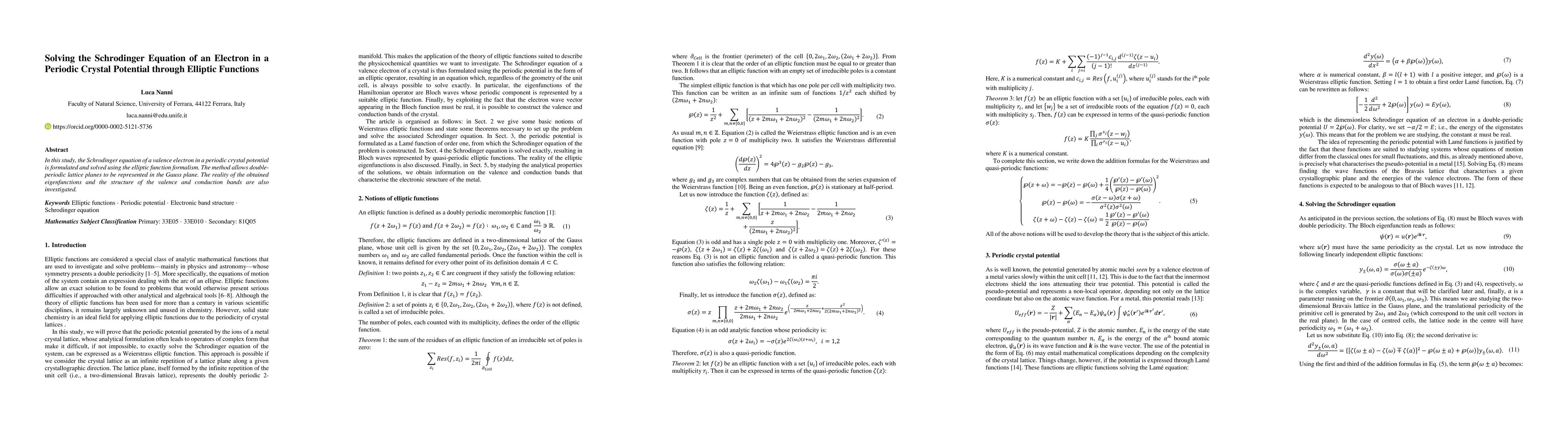 Thumbnail for Solving the Schrodinger Equation of an Electron in a Periodic Crystal
  Potential through Elliptic Functions