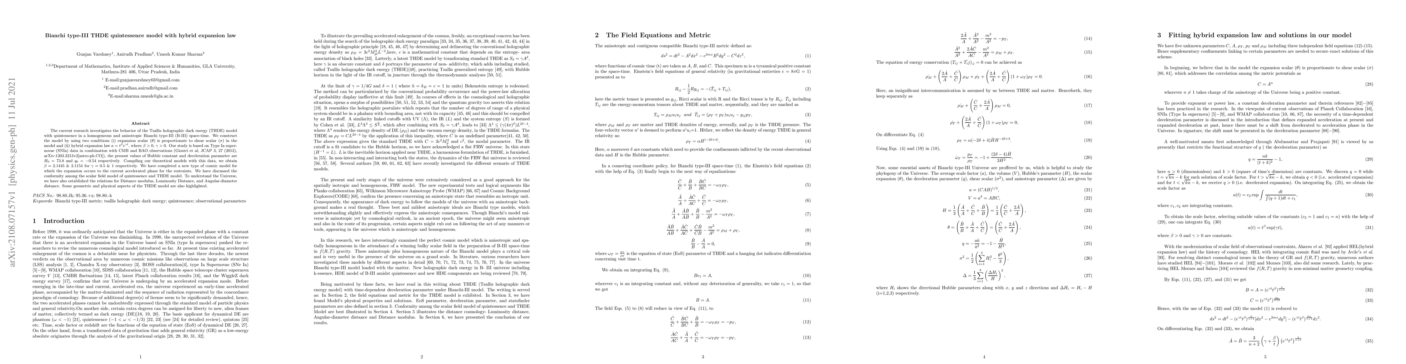 Thumbnail for Bianchi type-III THDE quintessence model with hybrid expansion law