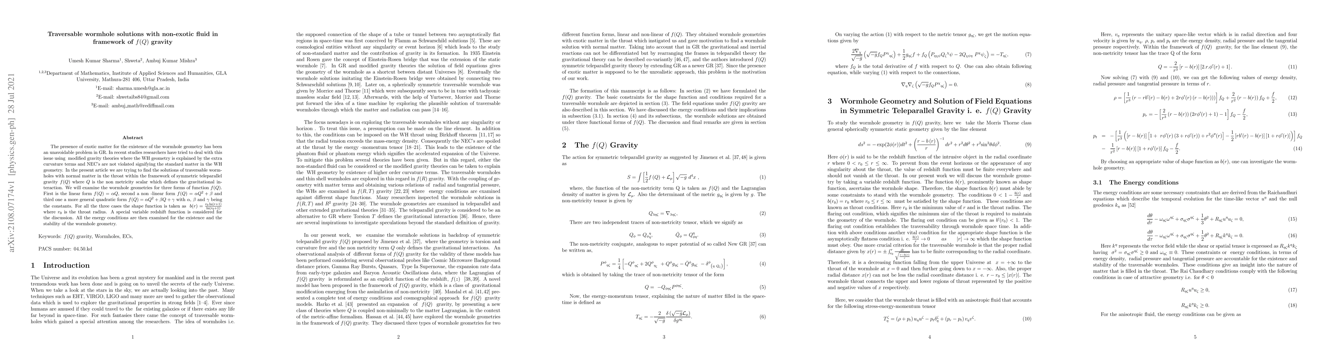 Thumbnail for Traversable wormhole solutions with non-exotic fluid in framework of
  $f(Q)$ gravity