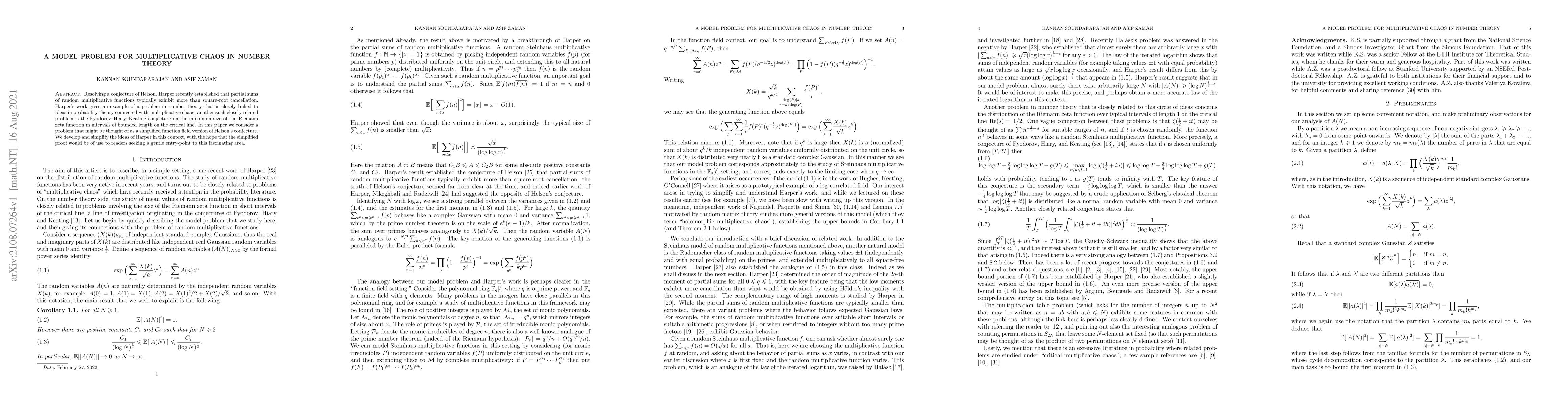 Thumbnail for A model problem for multiplicative chaos in number theory