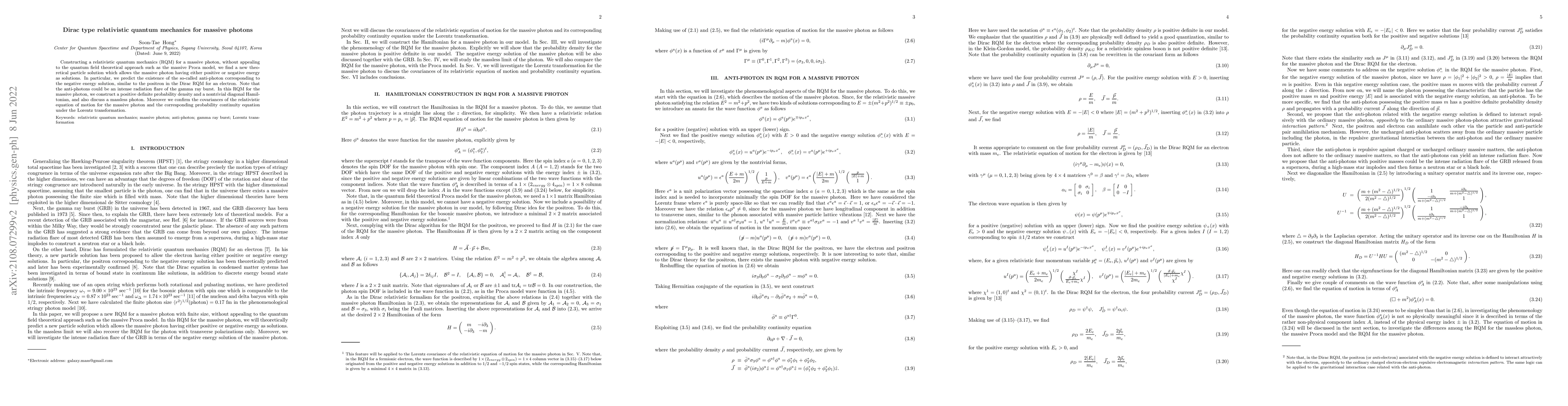 Thumbnail for Dirac type relativistic quantum mechanics for massive photons