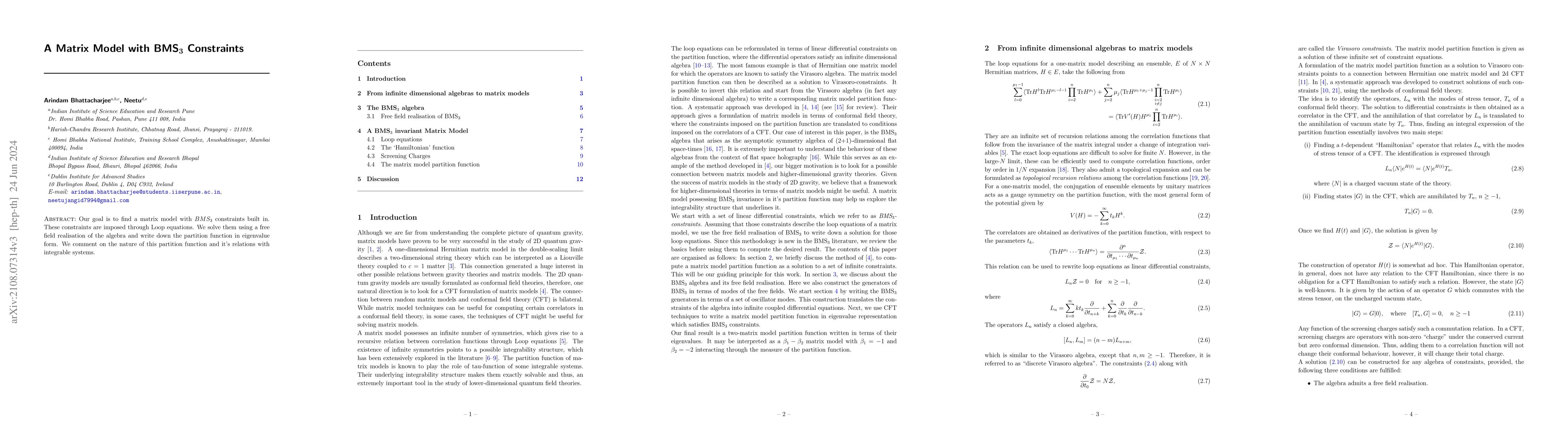 Thumbnail for A Matrix Model with BMS$_3$ Constraints