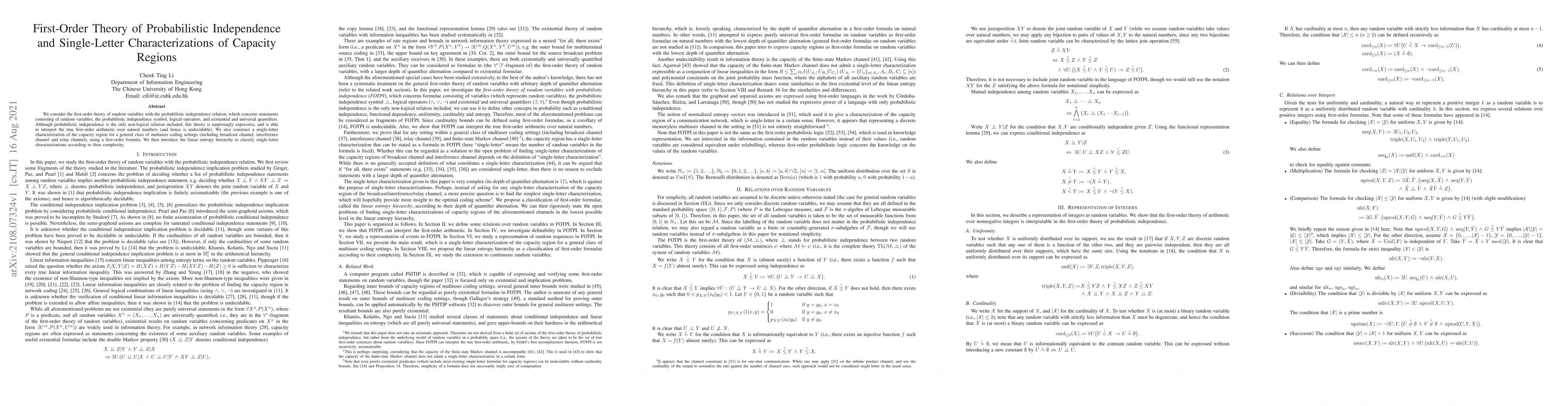Thumbnail for First-Order Theory of Probabilistic Independence and Single-Letter
  Characterizations of Capacity Regions