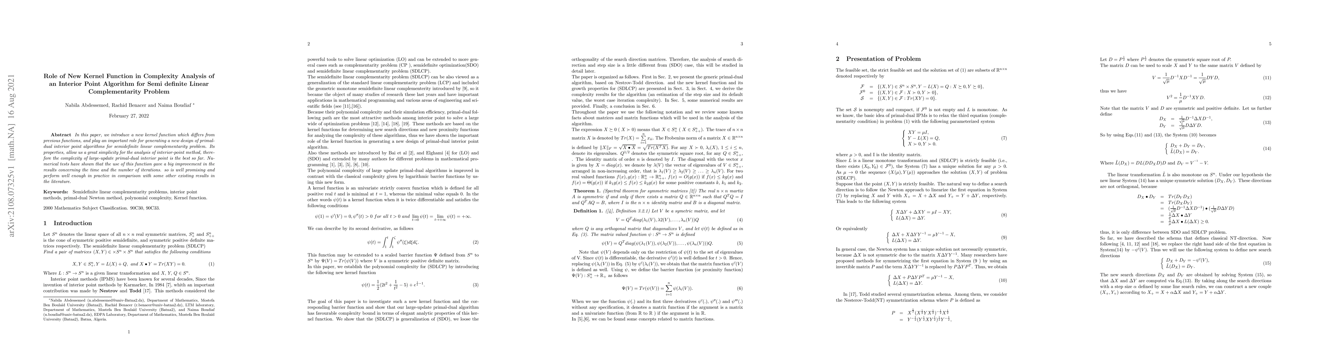 Thumbnail for Role of New Kernel Function in Complexity Analysis of an Interior Point
  Algorithm for Semi definite Linear Complementarity Problem