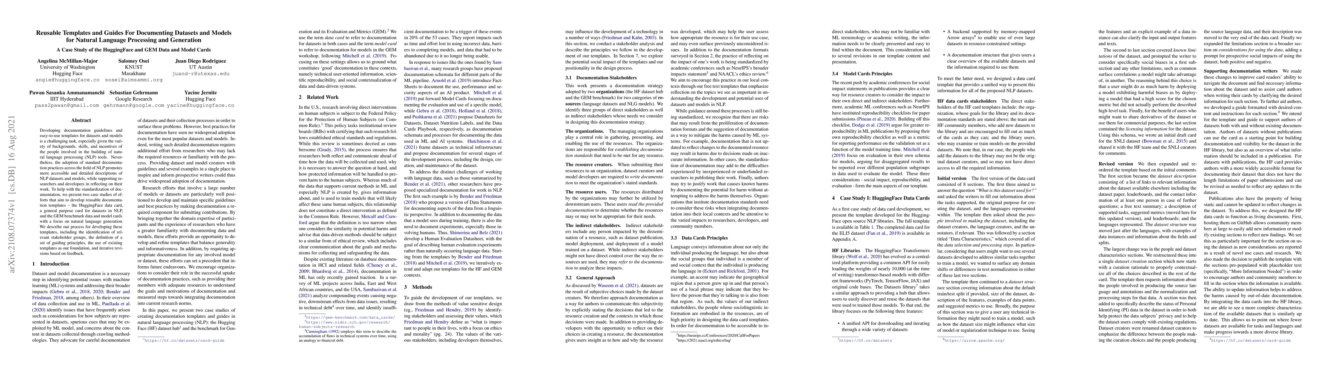 Thumbnail for Reusable Templates and Guides For Documenting Datasets and Models for
  Natural Language Processing and Generation: A Case Study of the HuggingFace
  and GEM Data and Model Cards