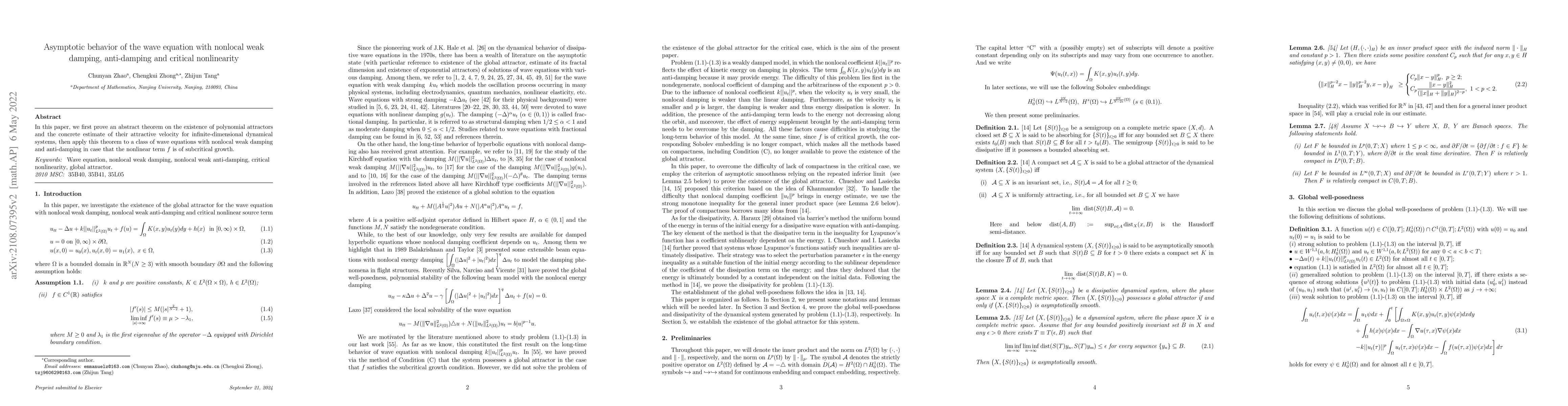 Thumbnail for Asymptotic behaviour of the wave equation with nonlocal weak damping,
  anti-damping and critical nonlinearity