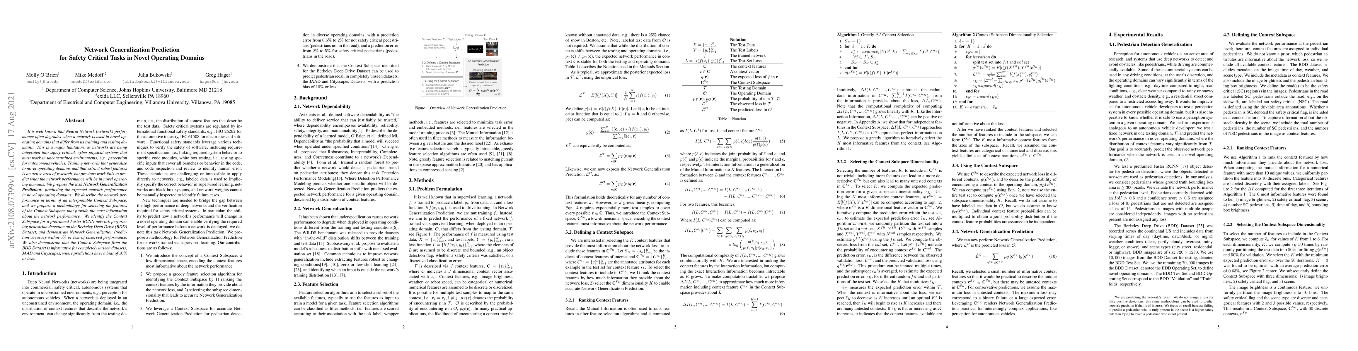 Thumbnail for Network Generalization Prediction for Safety Critical Tasks in Novel
  Operating Domains