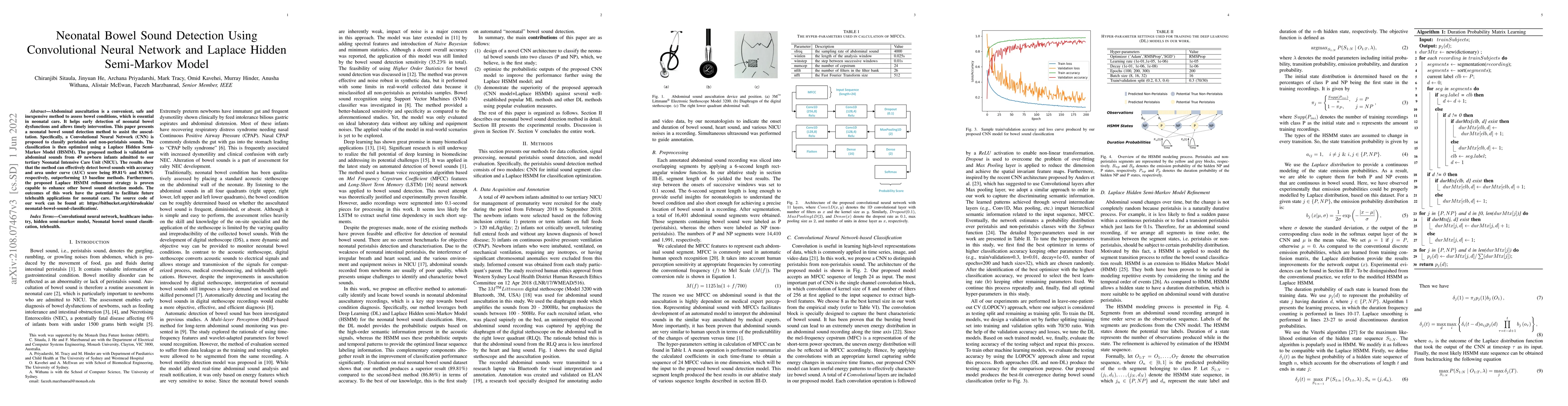 Thumbnail for Neonatal Bowel Sound Detection Using Convolutional Neural Network and
  Laplace Hidden Semi-Markov Model