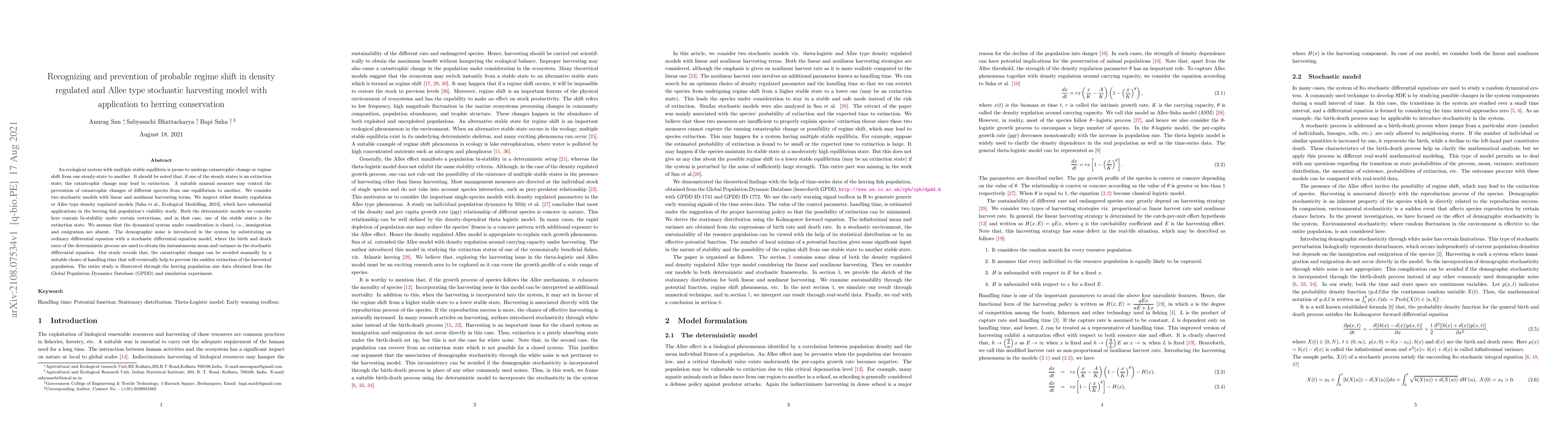 Thumbnail for Recognizing and prevention of probable regime shift in density regulated
  and Allee type stochastic harvesting model with application to herring
  conservation