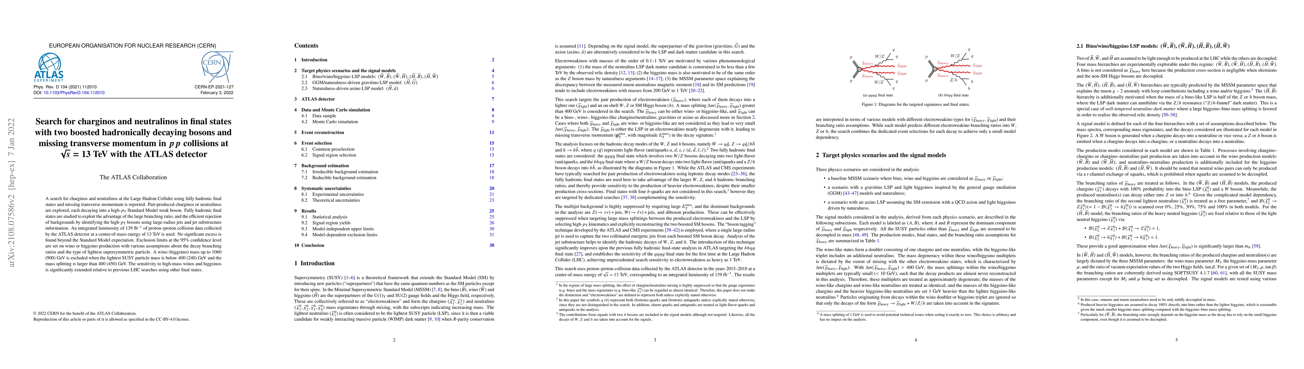 Thumbnail for Search for charginos and neutralinos in final states with two boosted
  hadronically decaying bosons and missing transverse momentum in $pp$
  collisions at $\sqrt{s}=13$ TeV with the ATLAS detector