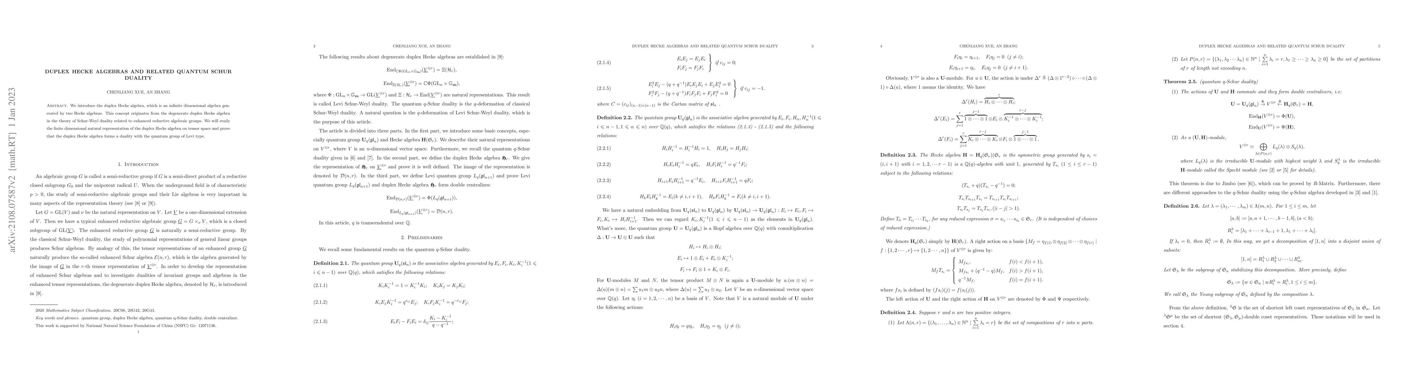Thumbnail for Duplex Hecke Algebras and Related Quantum Schur Duality