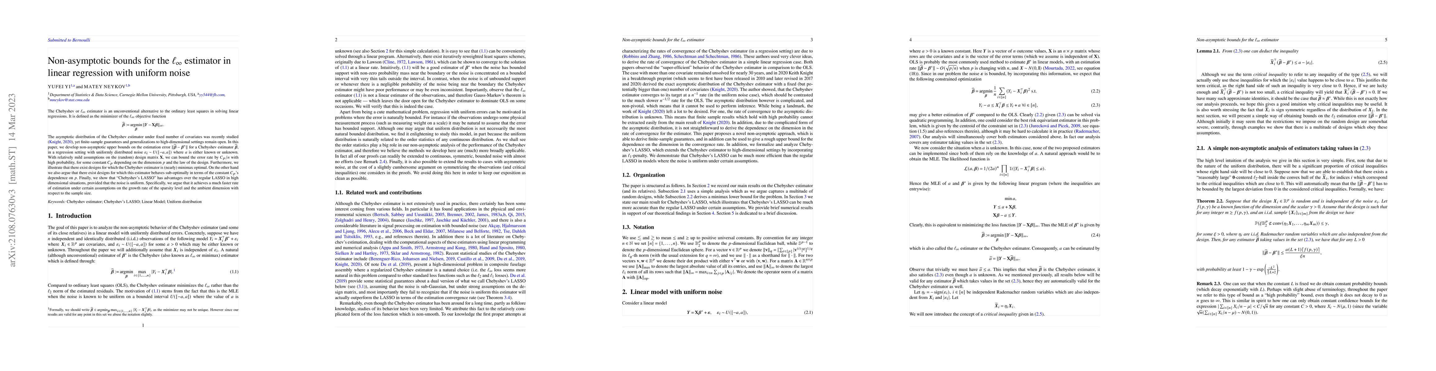 Thumbnail for Non-Asymptotic Bounds for the $\ell_{\infty}$ Estimator in Linear
  Regression with Uniform Noise