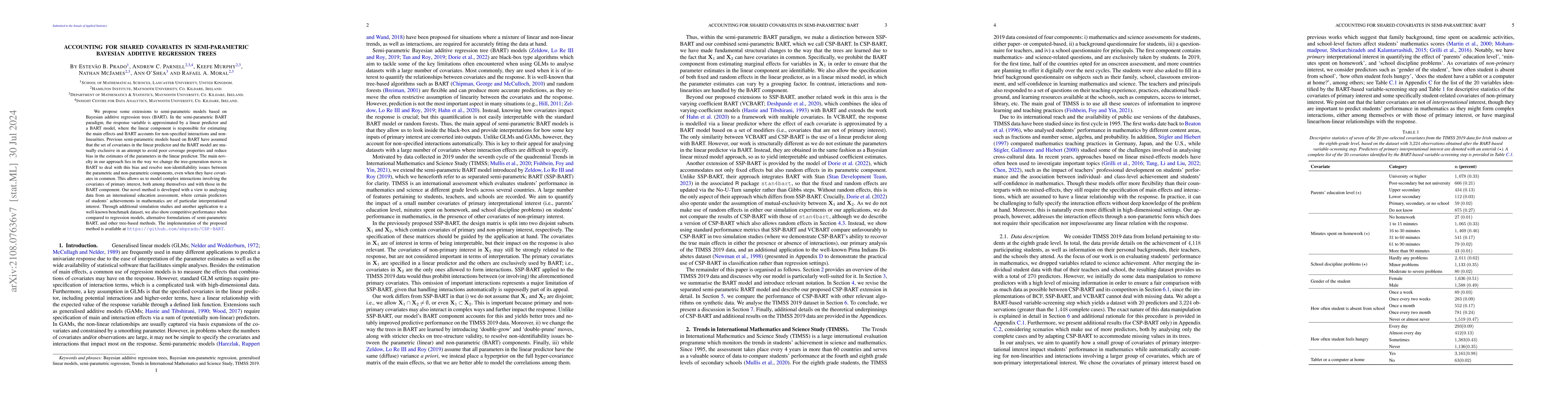 Thumbnail for Accounting for shared covariates in semi-parametric Bayesian additive
  regression trees
