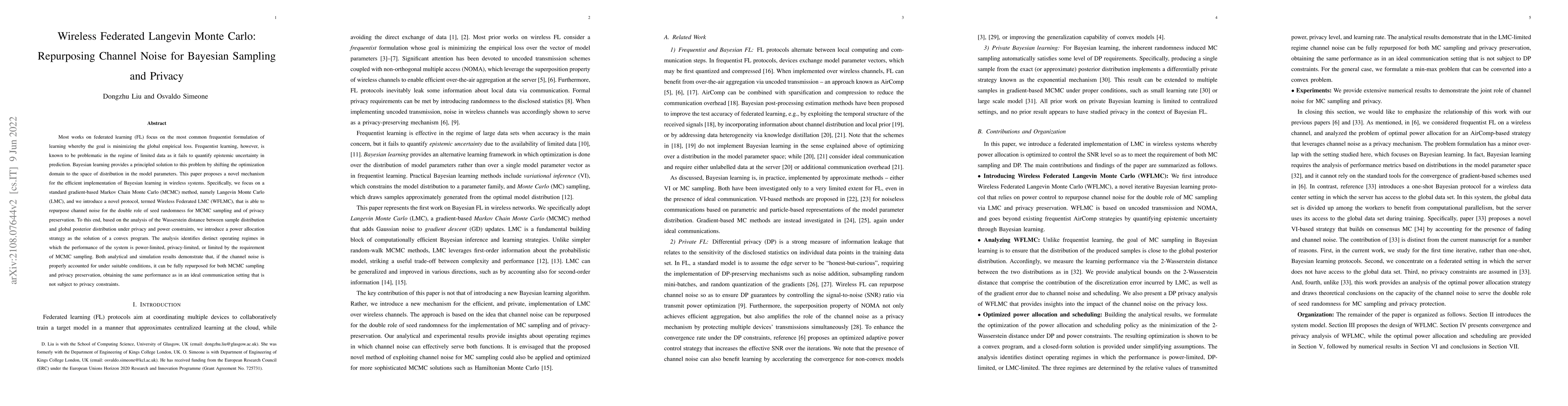 Thumbnail for Wireless Federated Langevin Monte Carlo: Repurposing Channel Noise for
  Bayesian Sampling and Privacy