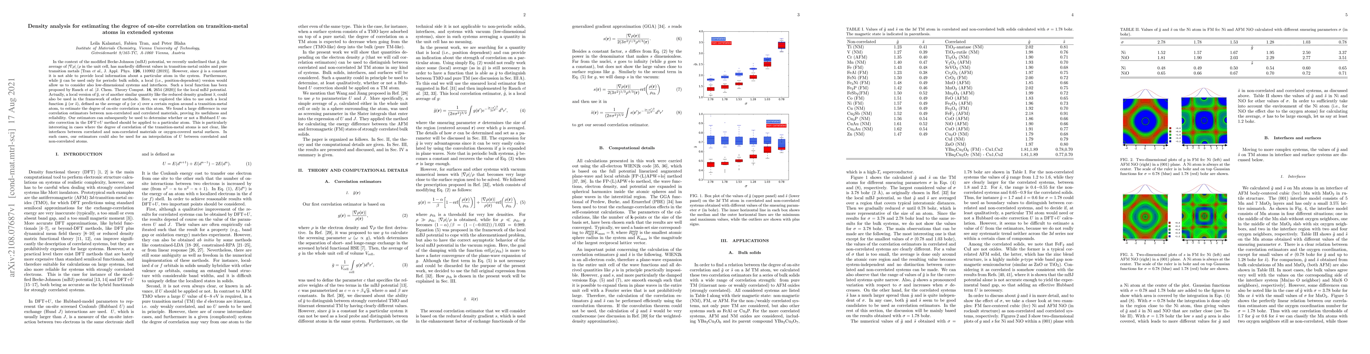Thumbnail for Density analysis for estimating the degree of on-site correlation on
  transition-metal atoms in extended systems