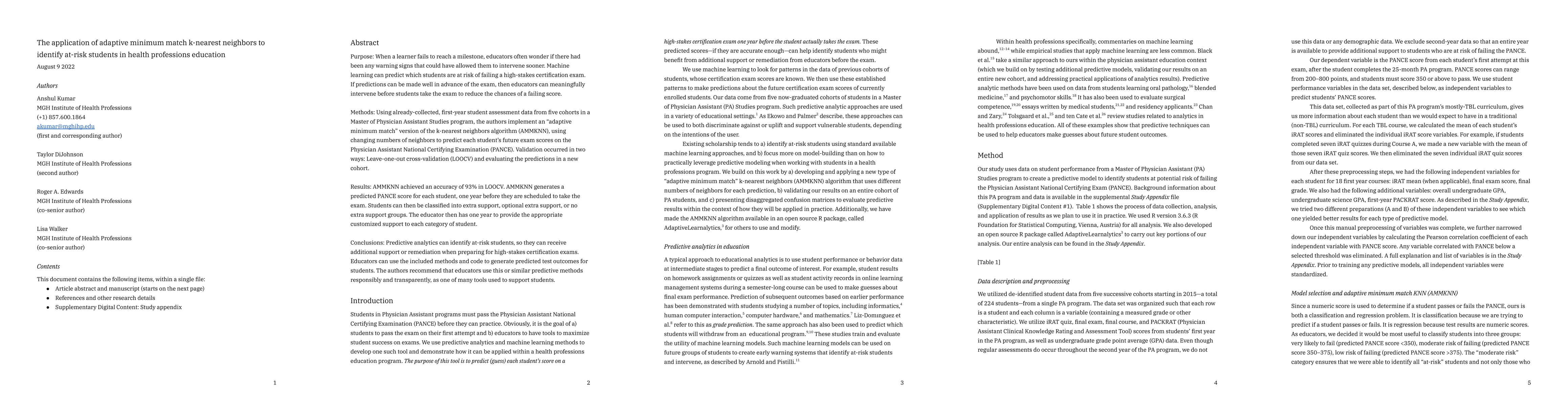 Thumbnail for The application of adaptive minimum match k-nearest neighbors to
  identify at-risk students in health professions education