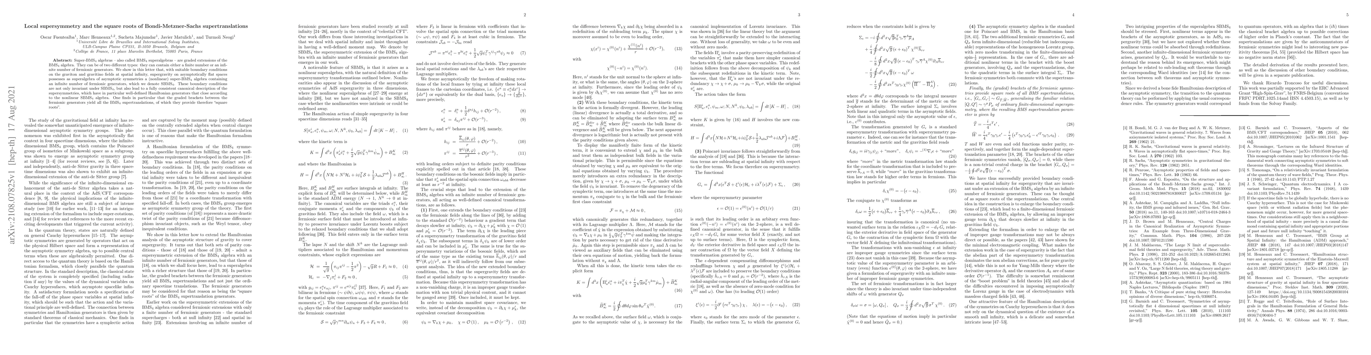 Thumbnail for Local supersymmetry and the square roots of Bondi-Metzner-Sachs
  supertranslations