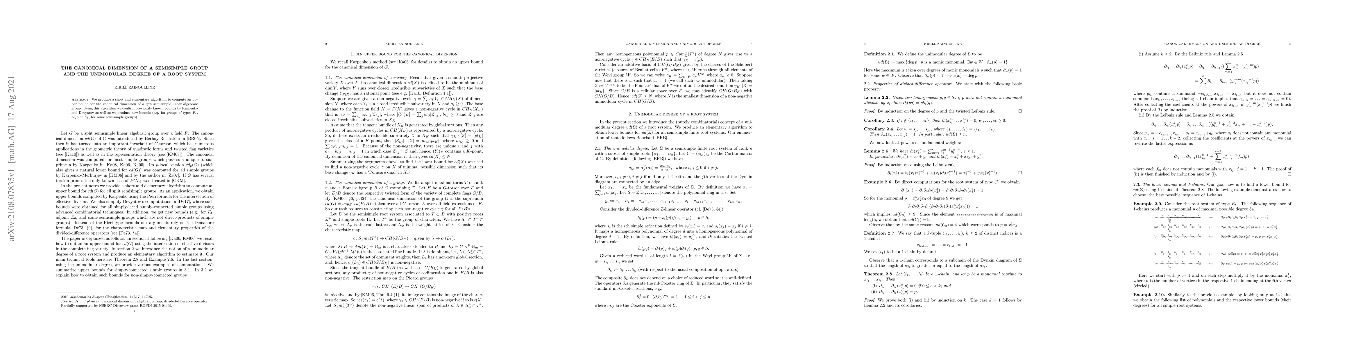 Thumbnail for The canonical dimension of a semisimple group and the unimodular degree
  of a root system