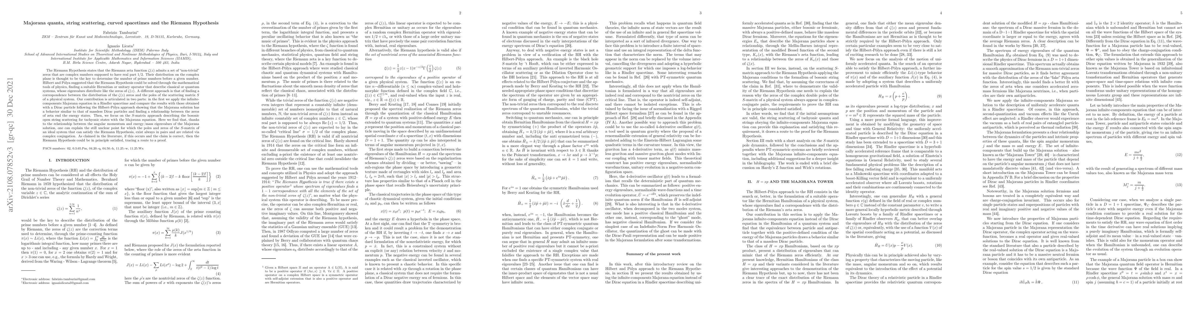 Thumbnail for Majorana quanta, string scattering, curved spacetimes and the Riemann
  Hypothesis