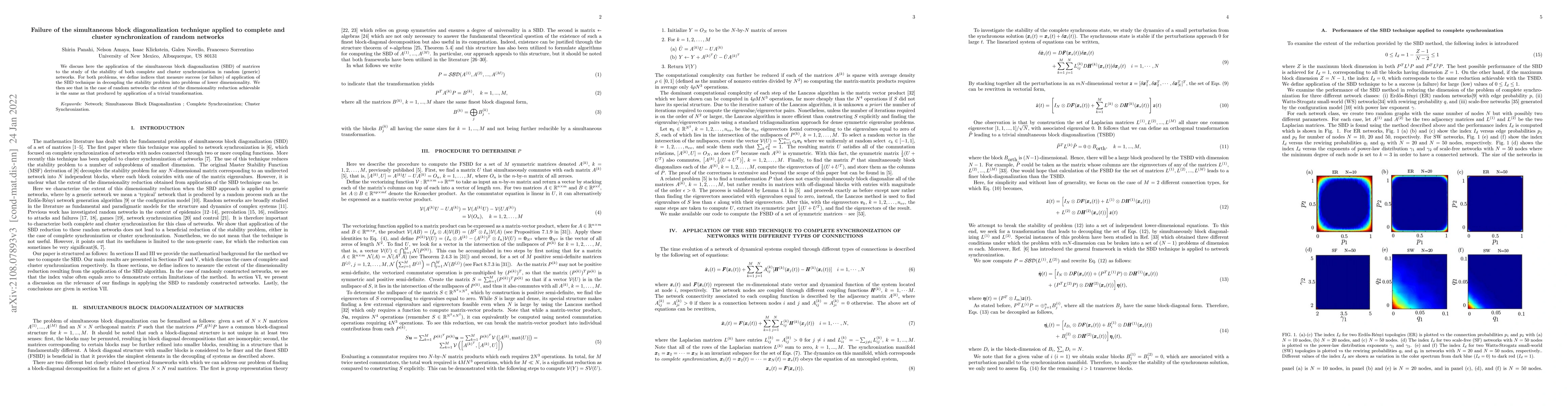 Thumbnail for Failure of the simultaneous block diagonalization technique applied to
  complete and cluster synchronization of random networks