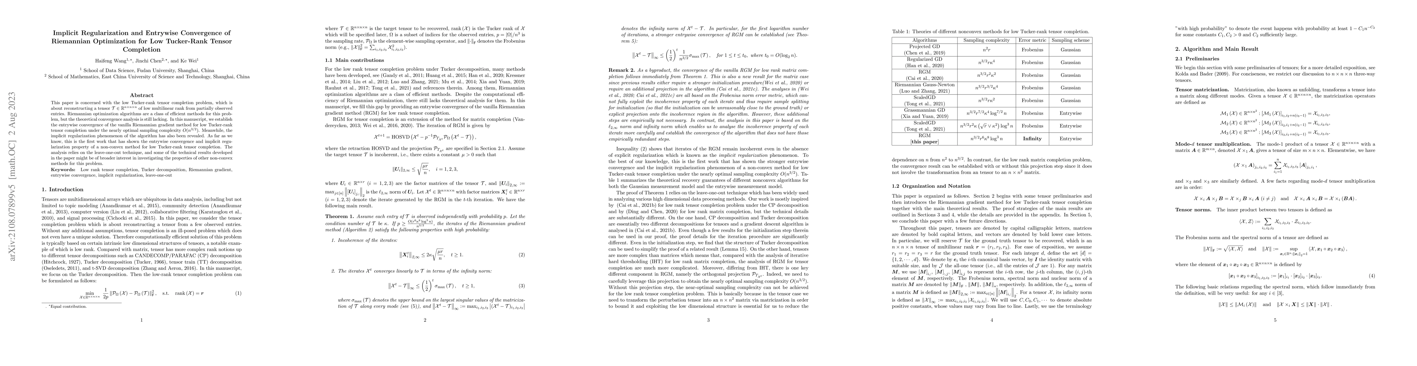 Thumbnail for Implicit Regularization and Entrywise Convergence of Riemannian
  Optimization for Low Tucker-Rank Tensor Completion