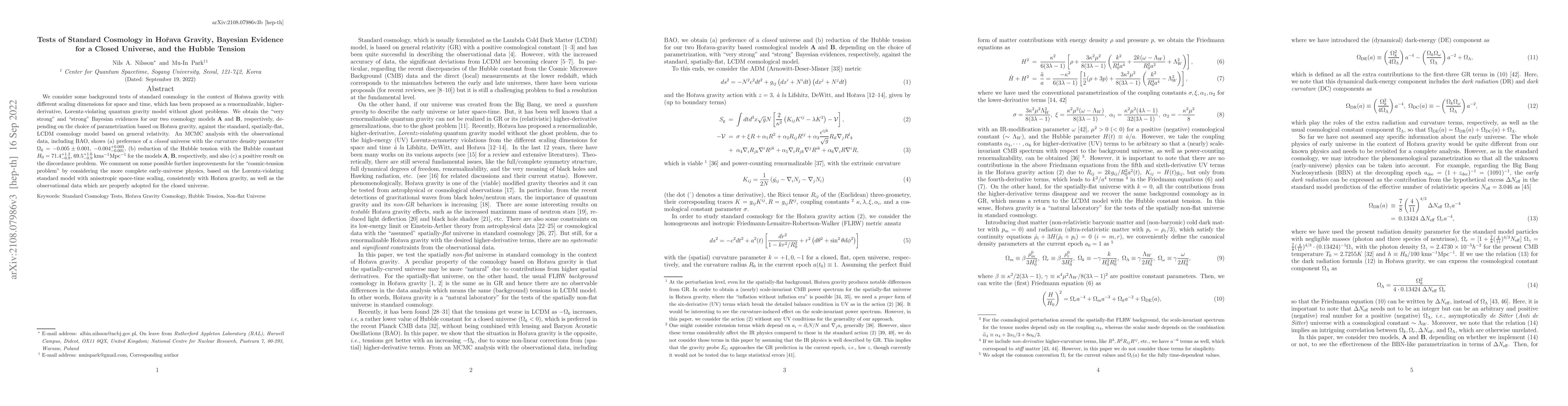 Thumbnail for Tests of Standard Cosmology in Horava Gravity and Bayesian Evidence for
  a Closed Universe, and the Hubble Tension