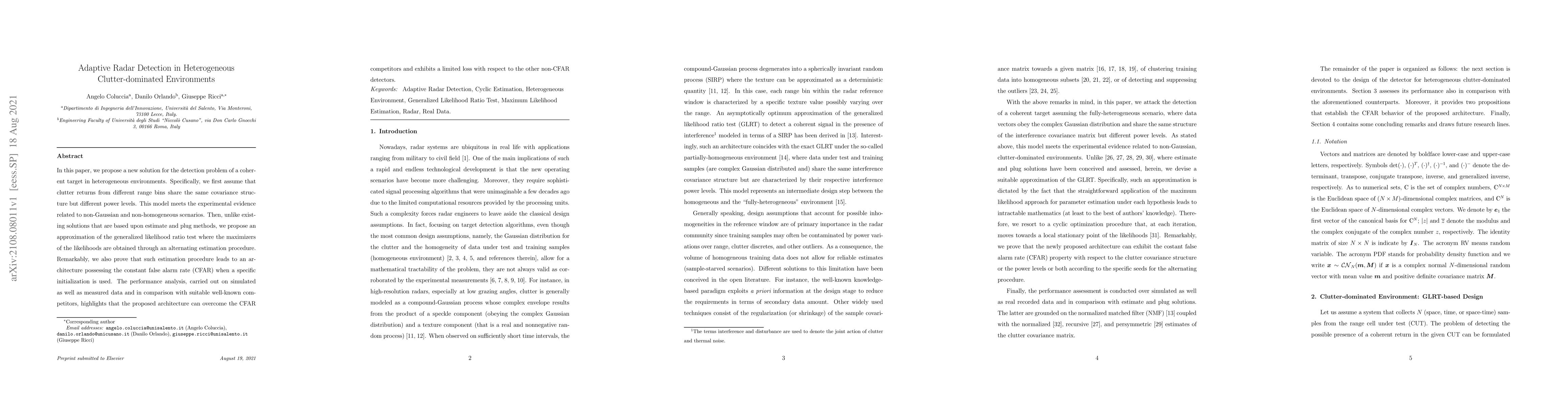 Thumbnail for Adaptive Radar Detection in Heterogeneous Clutter-dominated Environments