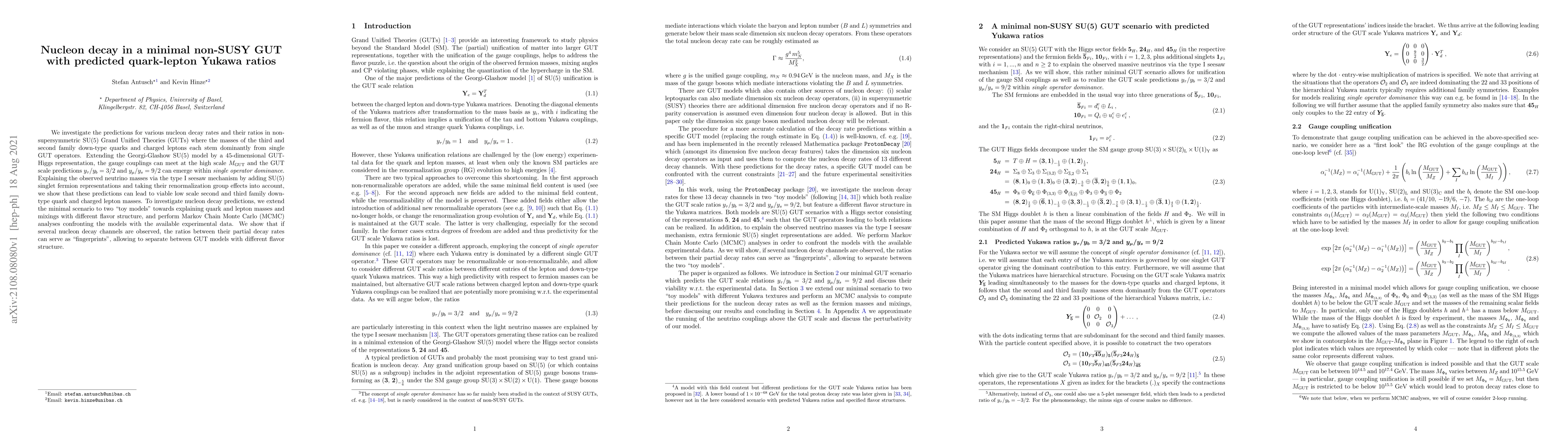 Thumbnail for Nucleon decay in a minimal non-SUSY GUT with predicted quark-lepton
  Yukawa ratios