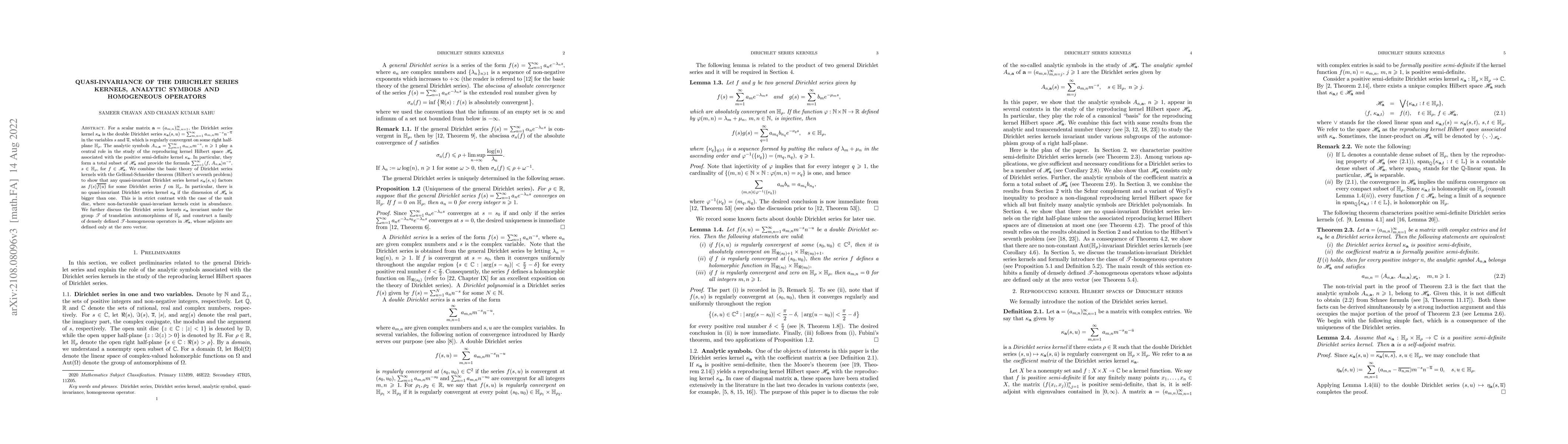 Thumbnail for Quasi-Invariance of the Dirichlet series kernels, Analytic symbols and
  Homogeneous operators