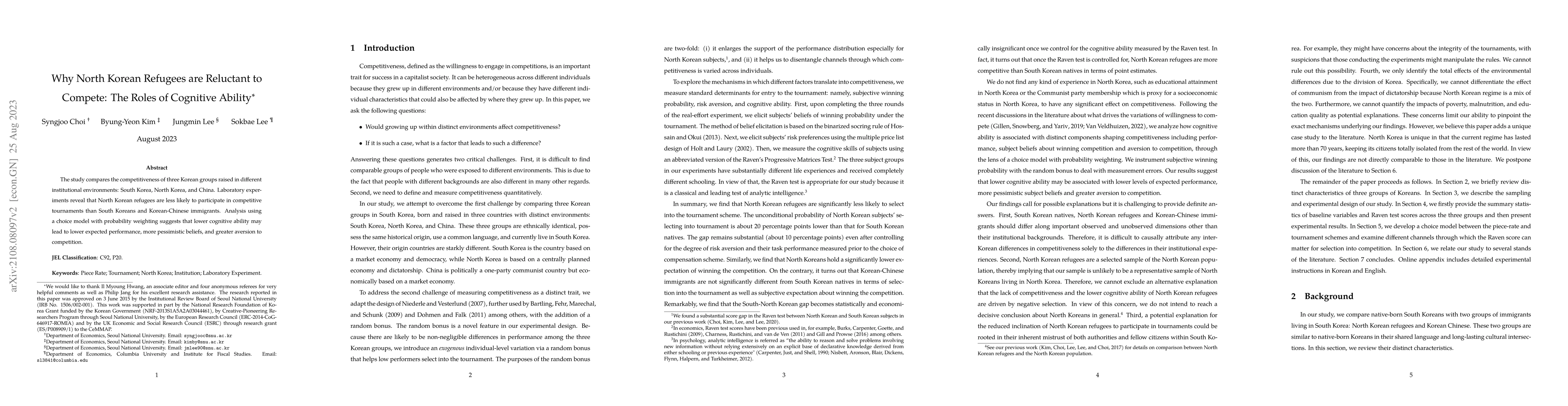 Thumbnail for Why North Korean Refugees are Reluctant to Compete: The Roles of
  Cognitive Ability