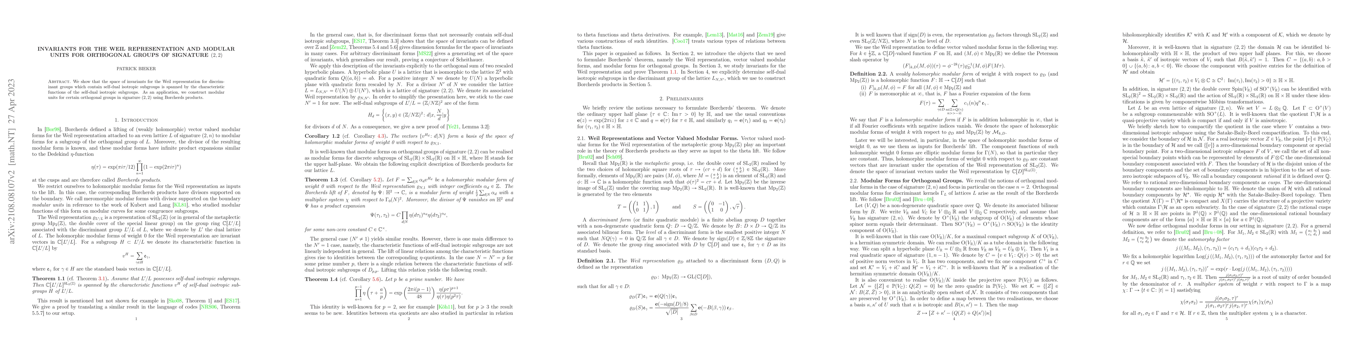 Thumbnail for Invariants for the Weil representation and Modular Units for Orthogonal
  Groups of Signature (2,2)
