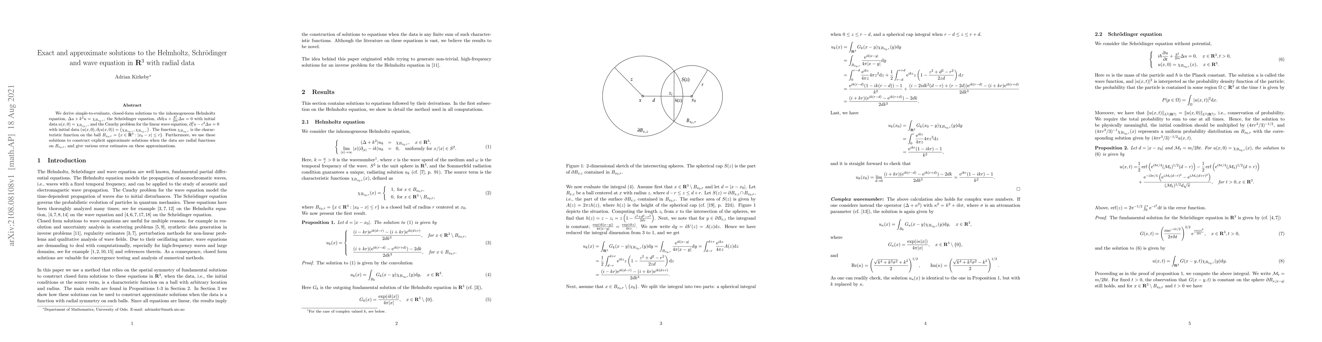 Thumbnail for Exact and approximate solutions to the Helmholtz, Schr\"odinger and wave
  equation in $\mathbf{R}^3$ with radial data