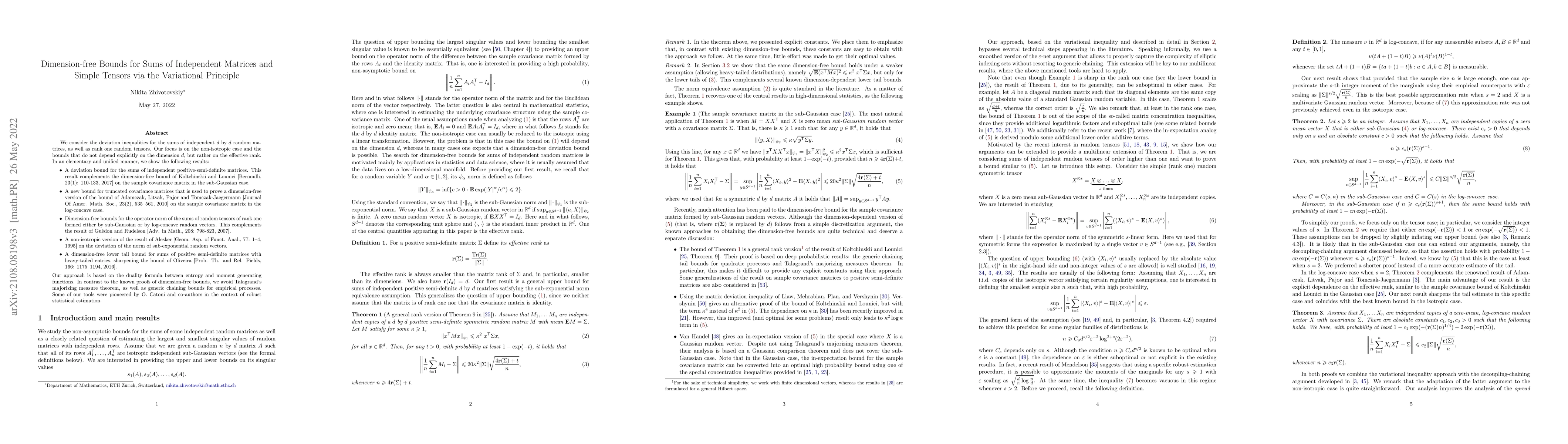 Thumbnail for Dimension-free Bounds for Sums of Independent Matrices and Simple
  Tensors via the Variational Principle