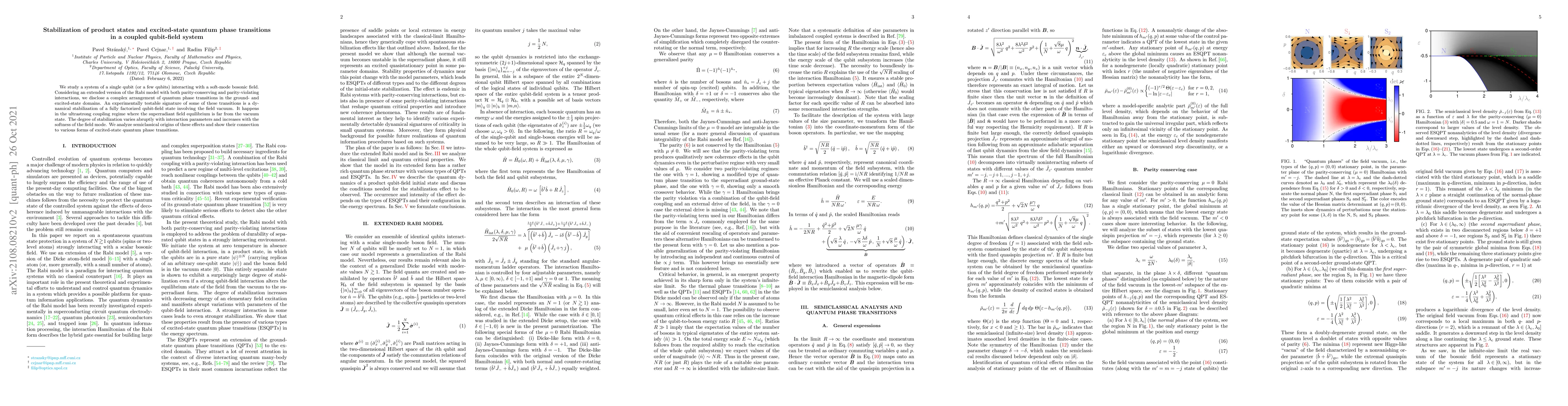 Thumbnail for Stabilization of product states and excited-state quantum phase
  transitions in a coupled qubit-field system