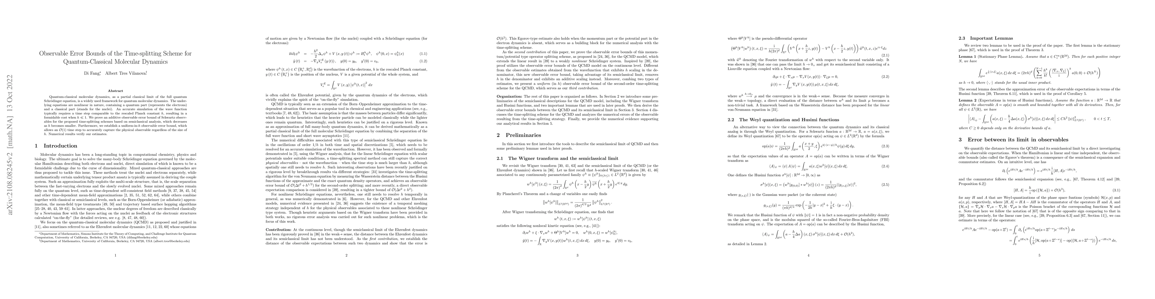 Thumbnail for Observable Error Bounds of the Time-splitting Scheme for
  Quantum-Classical Molecular Dynamics