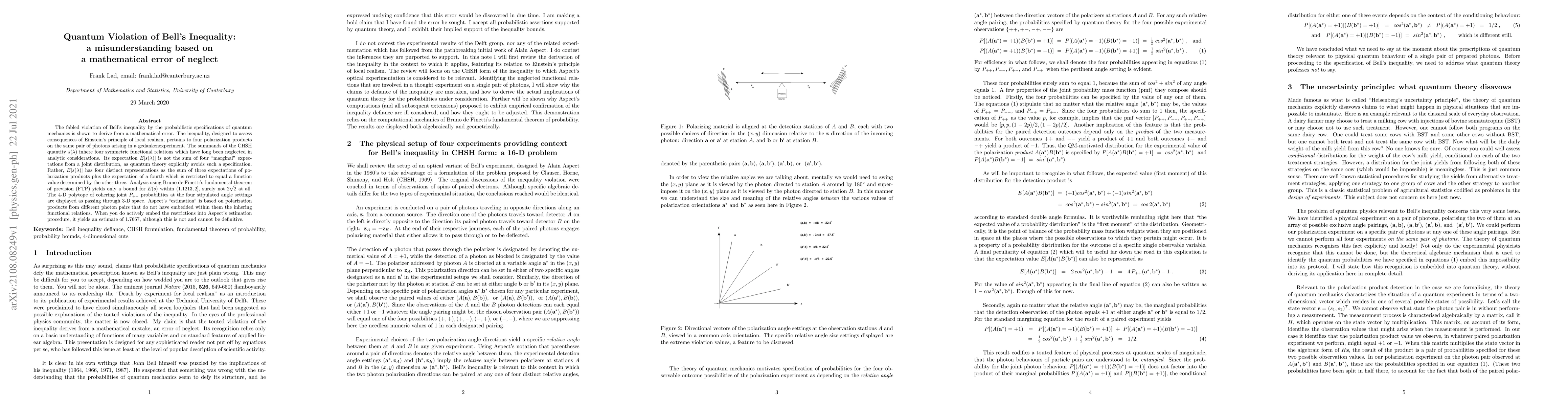 Thumbnail for Quantum Violation of Bell's Inequality: a misunderstanding based on a
  mathematical error of neglect
