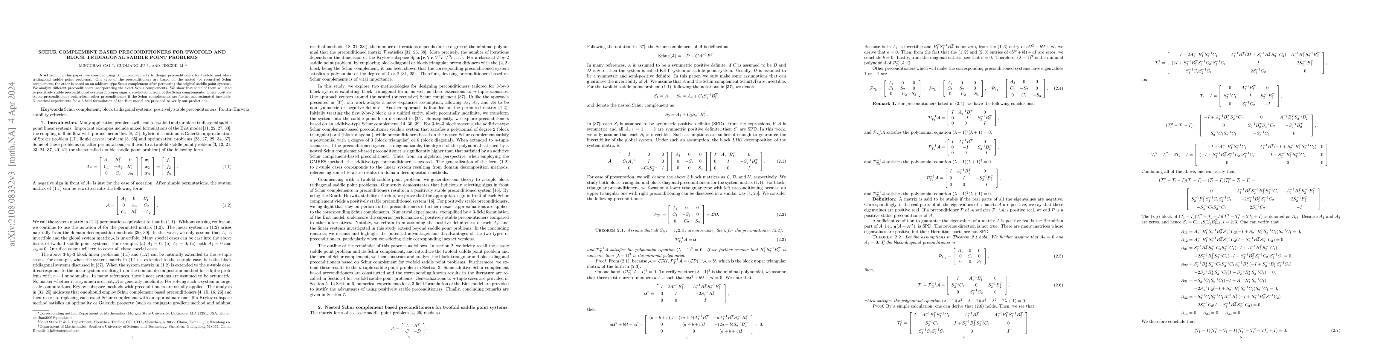 Thumbnail for Schur complement based preconditioners for twofold and block tridiagonal
  saddle point problems