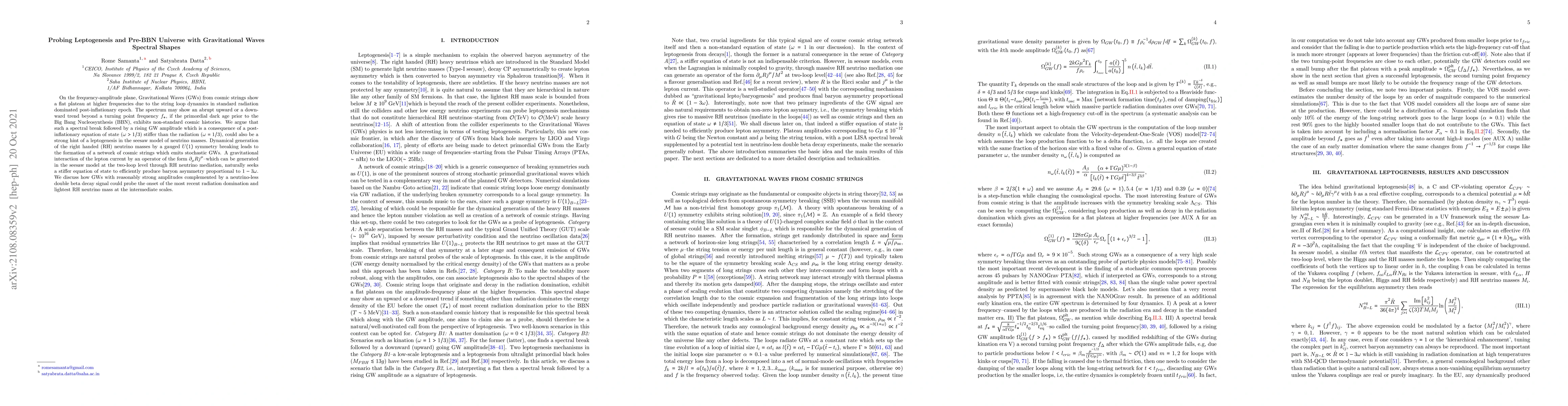 Thumbnail for Probing Leptogenesis and Pre-BBN Universe with Gravitational Waves
  Spectral Shapes