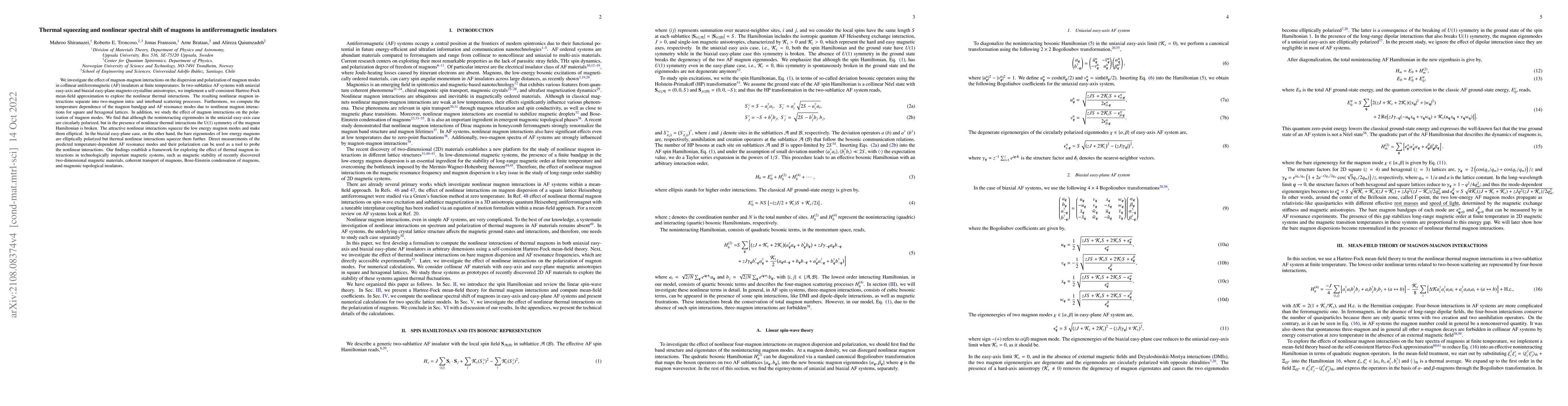 Thumbnail for Thermal squeezing and nonlinear spectral shift of magnons in
  antiferromagnetic insulators