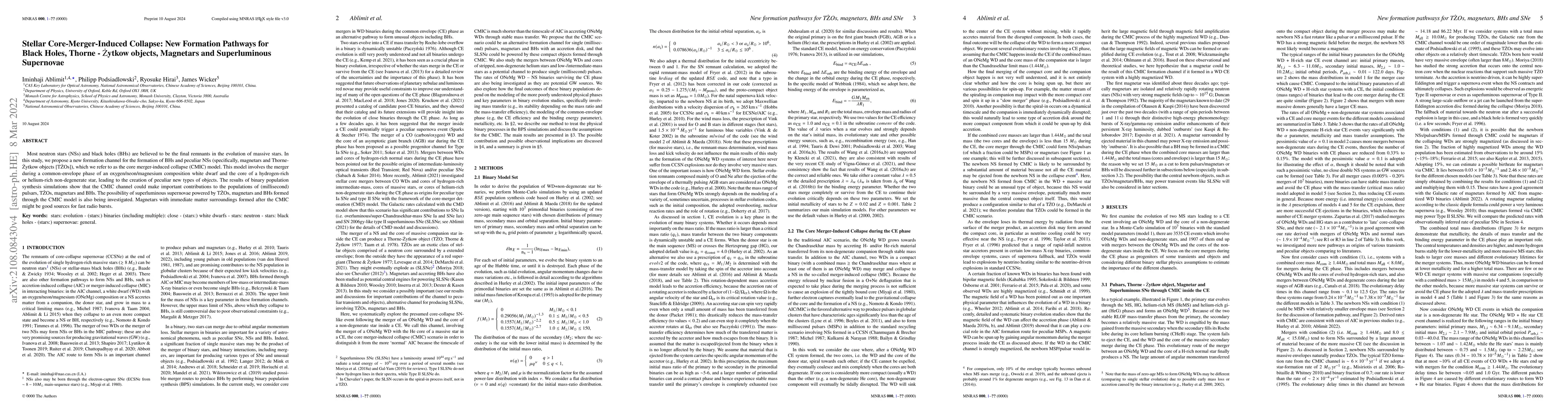 Thumbnail for Stellar Core-Merger-Induced Collapse: New Formation Pathways for Black
  Holes, Thorne-$\dot{\rm Z}$ytkow objects, Magnetars and Superluminous
  Supernovae