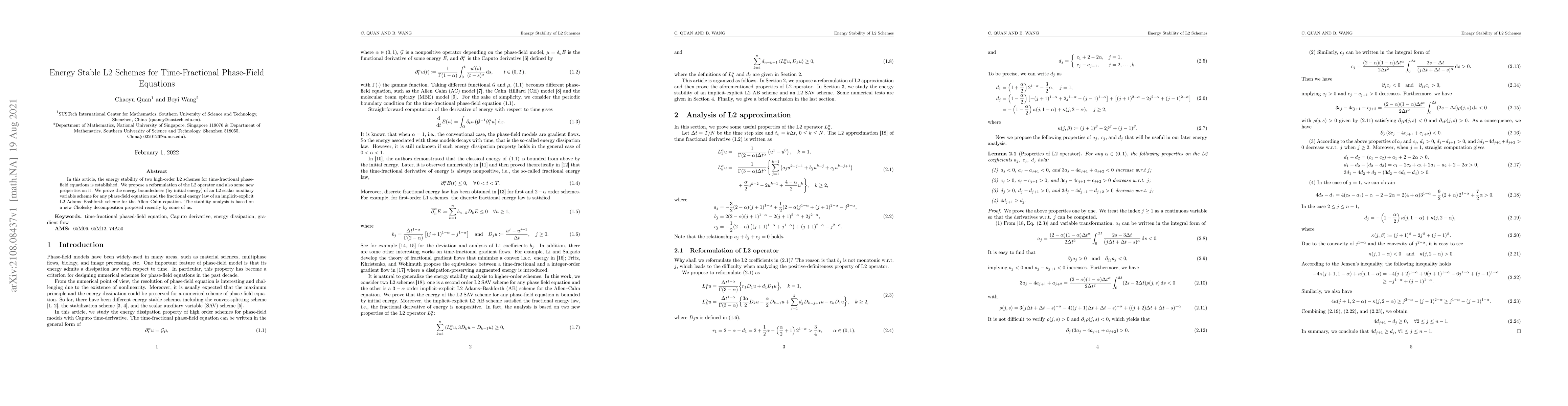 Thumbnail for Energy Stable L2 Schemes for Time-Fractional Phase-Field Equations