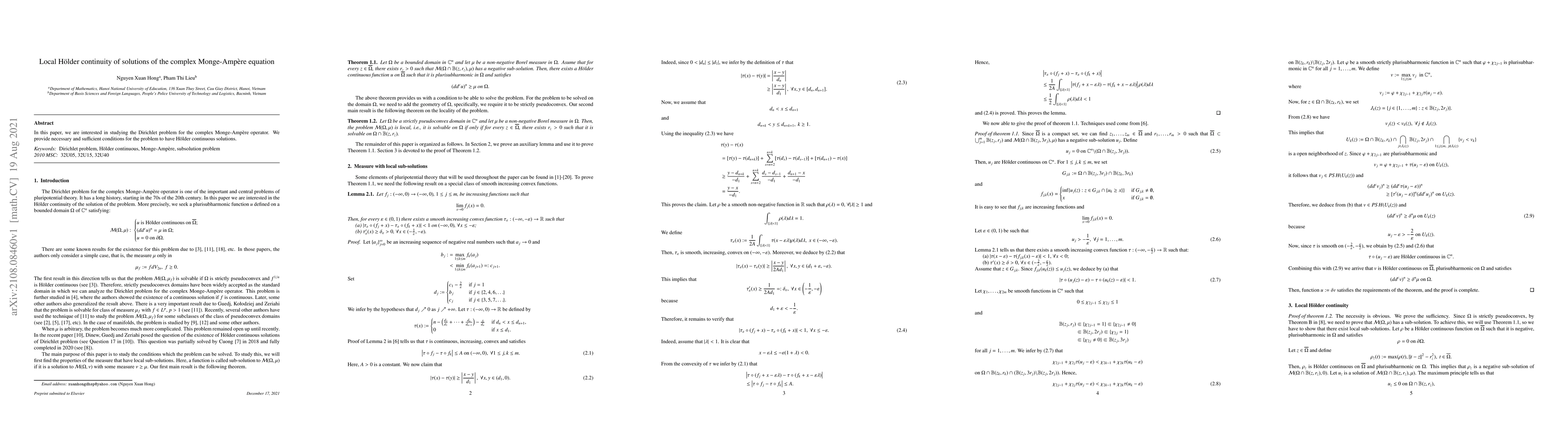 Thumbnail for Local H\"older continuity of solutions of the complex Monge-Amp\`ere
  equation
