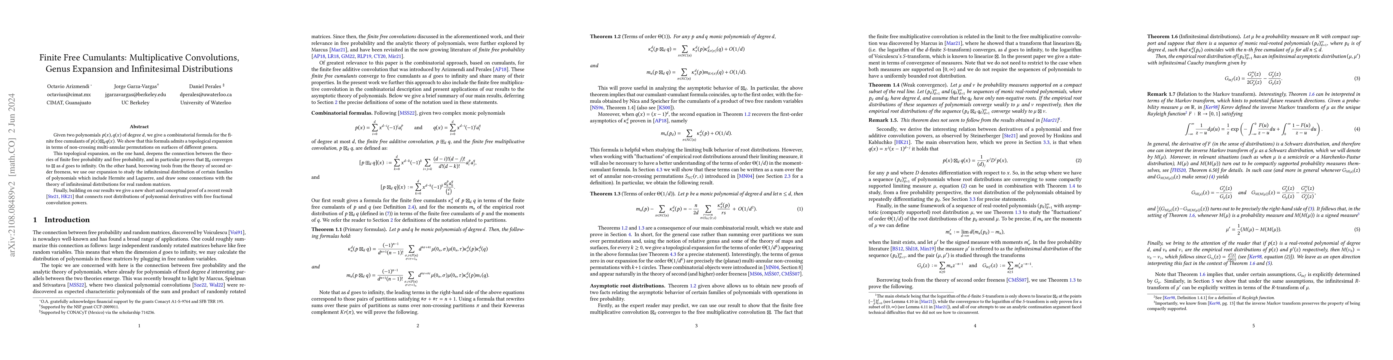Thumbnail for Finite Free Cumulants: Multiplicative Convolutions, Genus Expansion and
  Infinitesimal Distributions